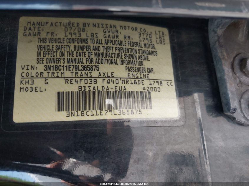 2009 Nissan Versa 1.8S VIN: 3N1BC11E79L365875 Lot: 42941544