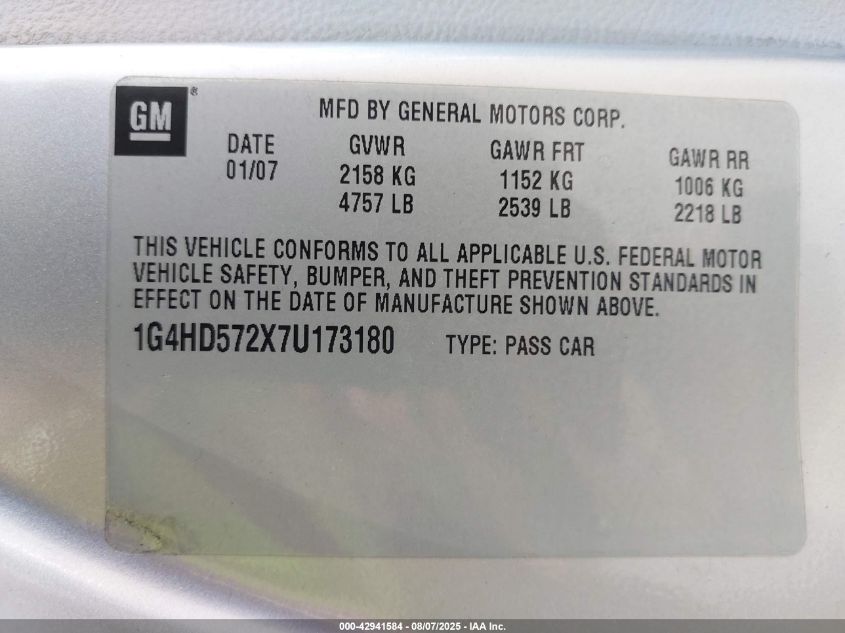 2007 Buick Lucerne Cxl VIN: 1G4HD572X7U173180 Lot: 42941584