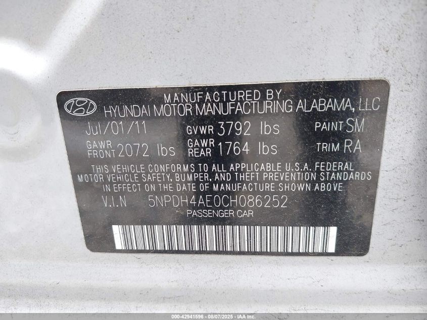 2012 Hyundai Elantra Gls VIN: 5NPDH4AE0CH086252 Lot: 42941596