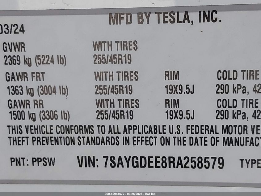 2024 Tesla Model Y Long Range Dual Motor All-Wheel Drive VIN: 7SAYGDEE8RA258579 Lot: 42941672