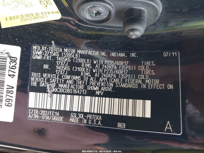 2011 Toyota Sienna Le V6 VIN: 5TDKK3DC0BS164213 Lot: 42941714