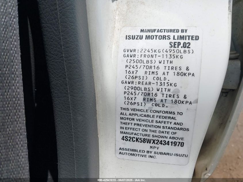 2002 Isuzu Rodeo Ls 3.2L V6/Lse 3.2L V6/S 3.2L V6 VIN: 4S2CK58WX24341970 Lot: 42941815