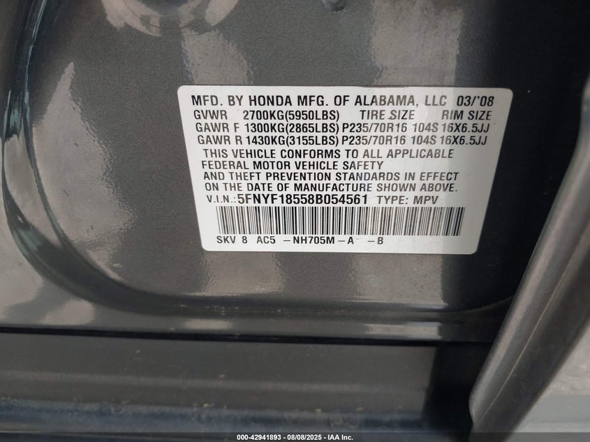 2008 Honda Pilot Ex-L VIN: 5FNYF18558B054561 Lot: 42941893