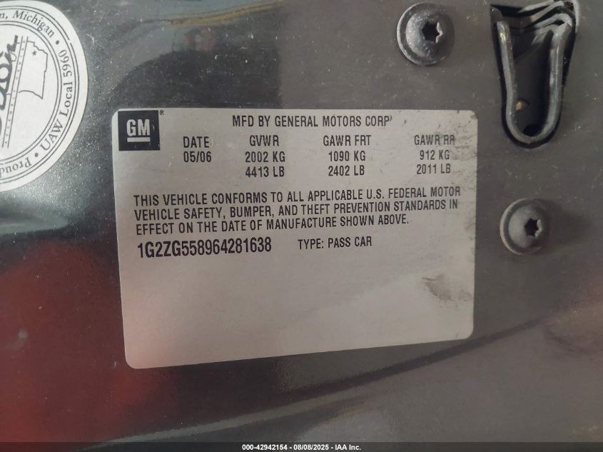 2006 Pontiac G6 VIN: 1G2ZG558964281638 Lot: 42942154