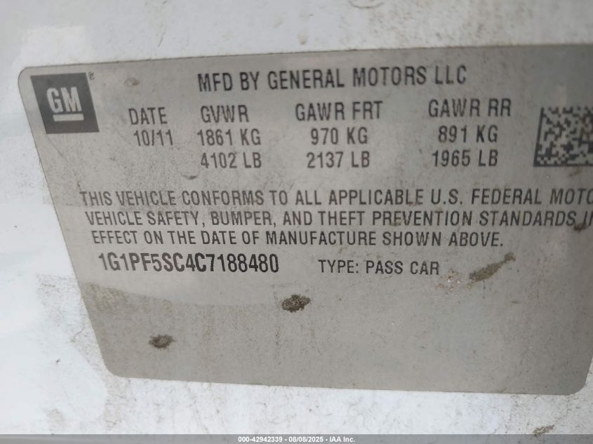 2012 Chevrolet Cruze 1Lt VIN: 1G1PF5SC4C7188480 Lot: 42942339