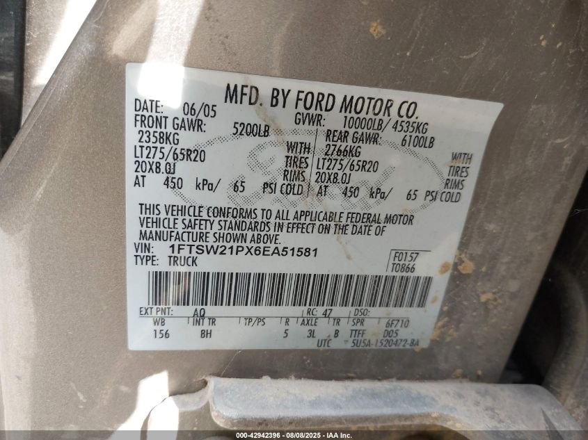 2006 Ford F-250 Lariat/Xl/Xlt VIN: 1FTSW21PX6EA51581 Lot: 42942396