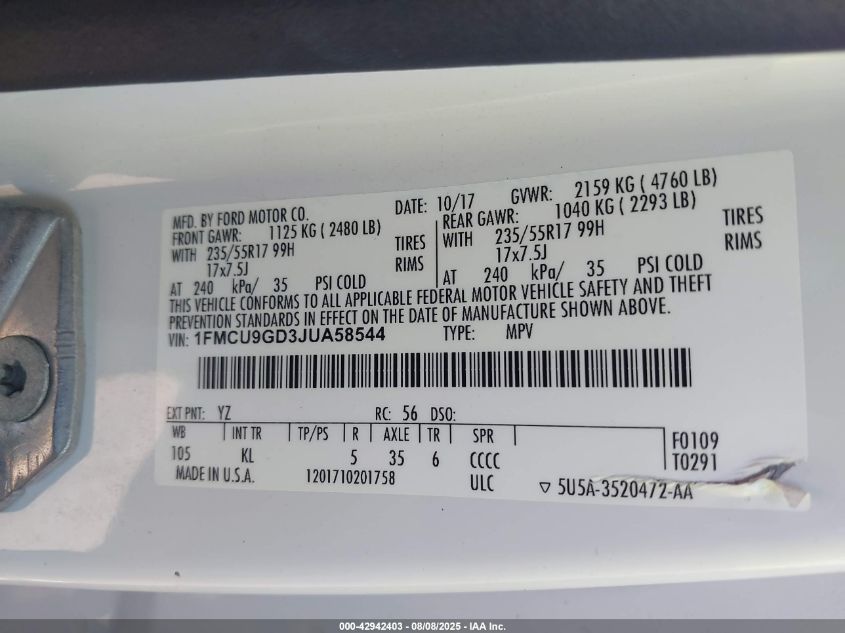 2018 Ford Escape Se VIN: 1FMCU9GD3JUA58544 Lot: 42942403