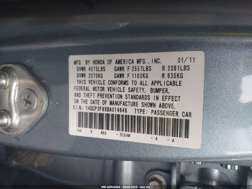 2011 Honda Accord 3.5 Ex-L VIN: 1HGCP3F89BA014646 Lot: 42942464
