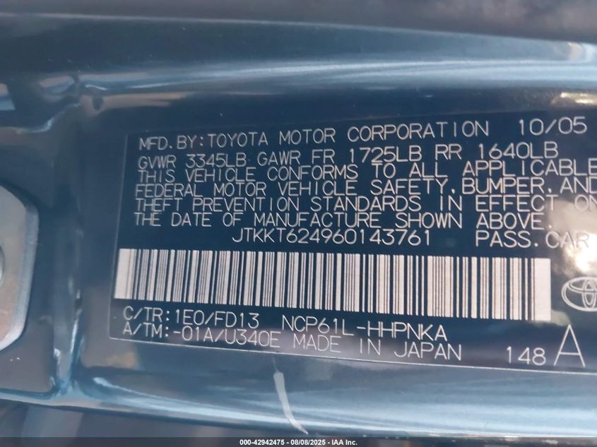 2006 Scion Xa VIN: JTKKT624960143761 Lot: 42942475