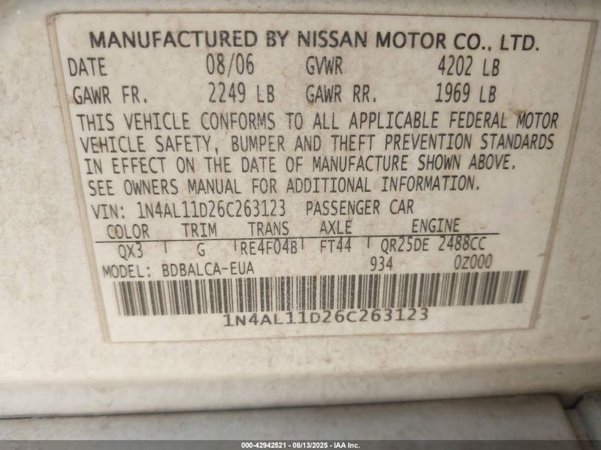 2006 Nissan Altima 2.5 S VIN: 1N4AL11D26C263123 Lot: 42942521