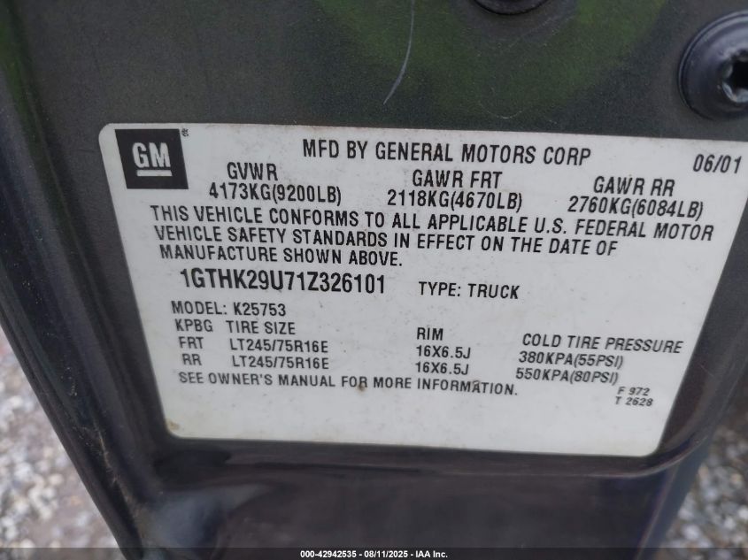 2001 GMC 2500 Hd Sle VIN: 1ZEHA29U71Z326101 Lot: 42942535