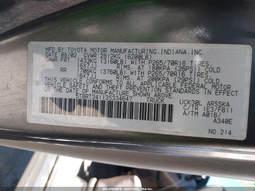 2003 Toyota Tundra Sr5 V8 VIN: 5TBRT34113S334647 Lot: 42942676