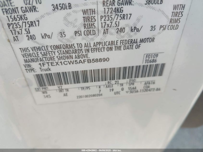 2010 Ford F-150 Stx/Xl VIN: 1FTEX1CW5AFB58890 Lot: 42942682