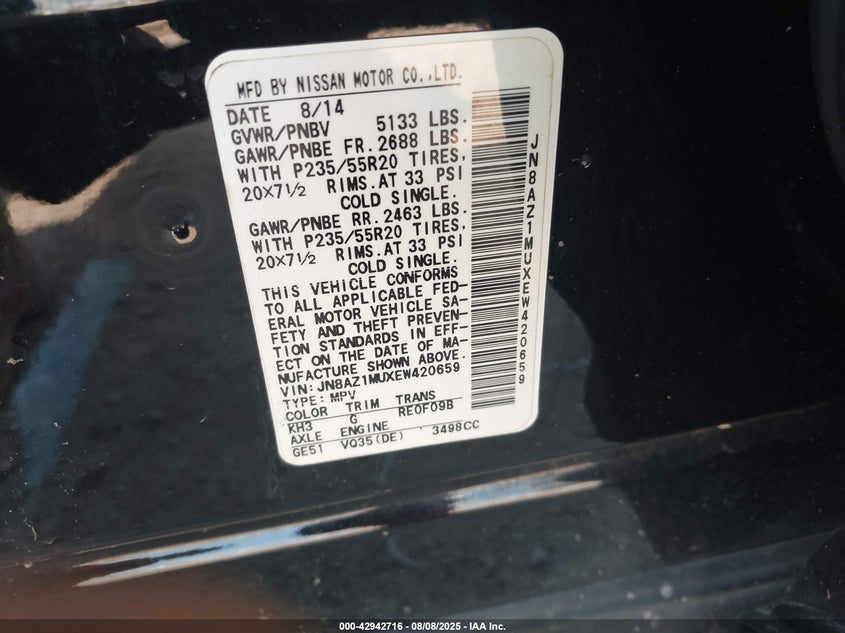 2014 Nissan Murano Le VIN: JN8AZ1MUXEW420659 Lot: 42942716