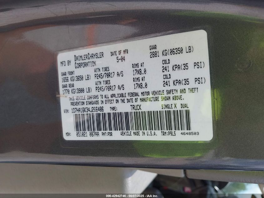 2004 Dodge Ram 1500 St VIN: 1D7HA16K34J266486 Lot: 42942746