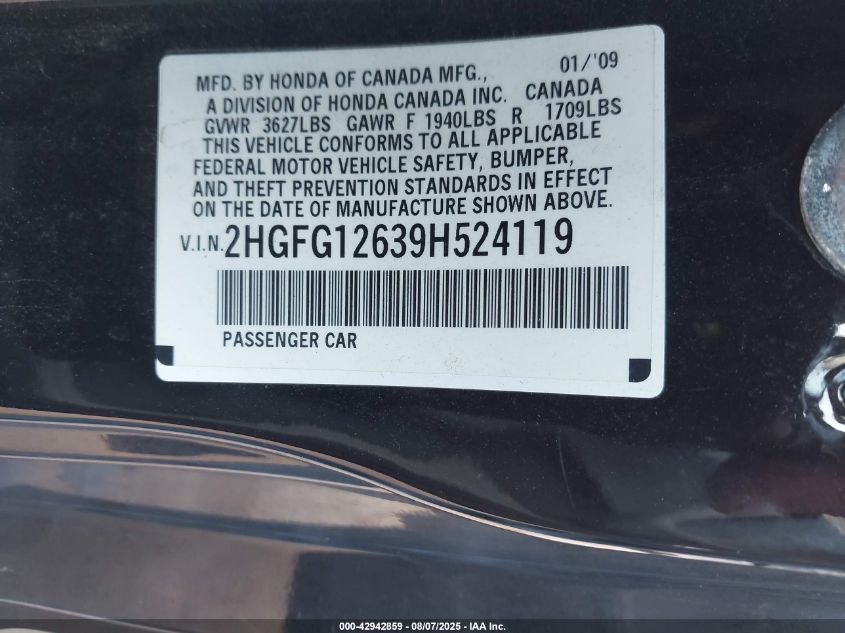 2009 Honda Civic Lx VIN: 2HGFG12639H524119 Lot: 42942859
