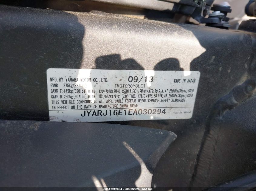 2014 Yamaha Yzfr6 VIN: JYARJ16E1EA030294 Lot: 42942864