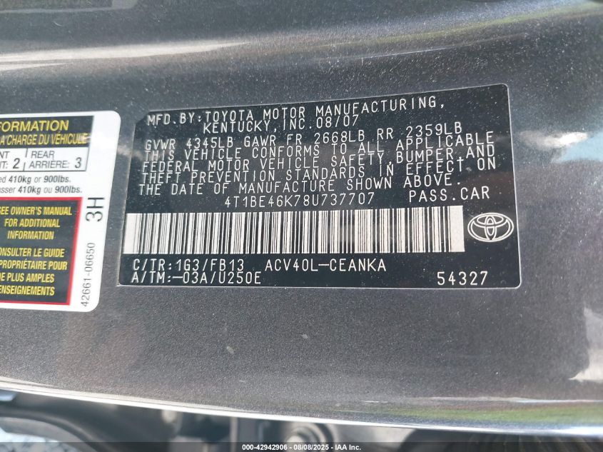 2008 Toyota Camry Le VIN: 4T1BE46K78U737707 Lot: 42942906