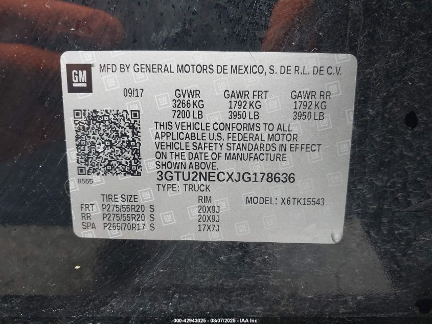 2018 GMC Sierra 1500 Slt VIN: 3GTU2NECXJG178636 Lot: 42943025