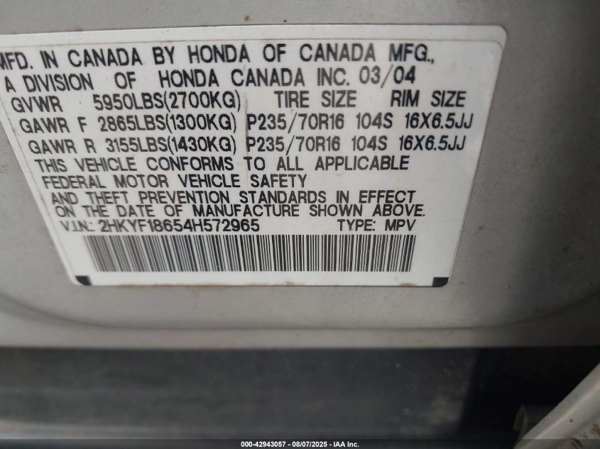 2004 Honda Pilot Ex-L VIN: 2HKYF18654H572965 Lot: 42943057