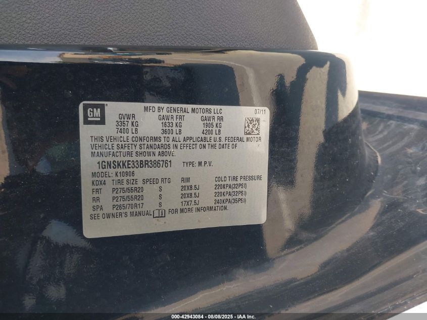 2011 Chevrolet Suburban K1500 Ltz VIN: 1GNSKKE33BR386794 Lot: 42943084