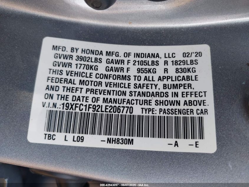 2020 Honda Civic Touring VIN: 19XFC1F92LE206770 Lot: 42943097