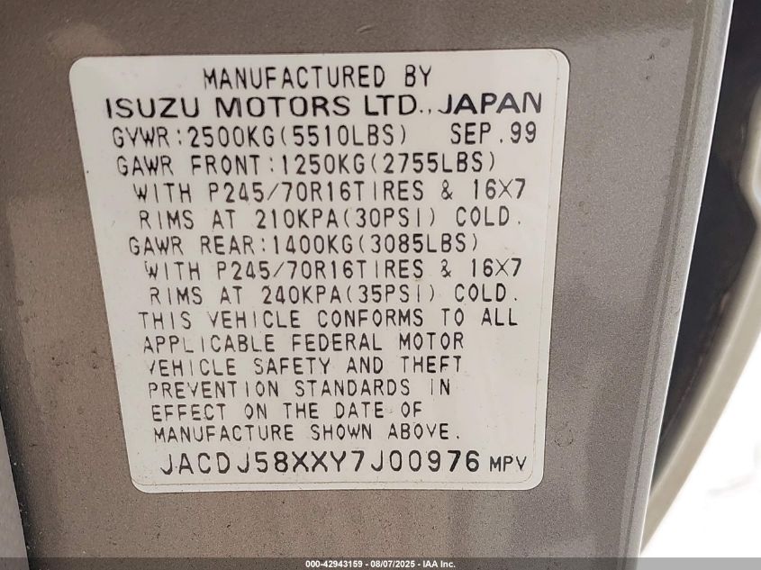 2000 Isuzu Trooper Limited/Ls/S VIN: JACDJ58XXY7J00976 Lot: 42943159