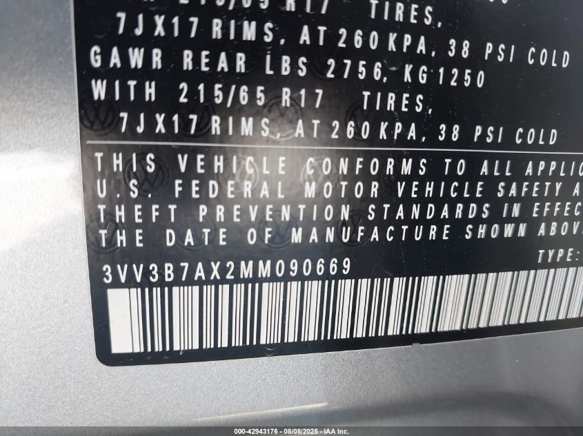 2021 Volkswagen Tiguan 2.0T Se/2.0T Se R-Line Black/2.0T Sel VIN: 3VV3B7AX2MM090669 Lot: 42943176