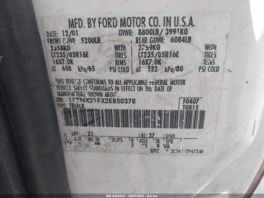 2002 Ford F-250 Lariat/Xl/Xlt VIN: 1FTNX21FX2EB50378 Lot: 42943237