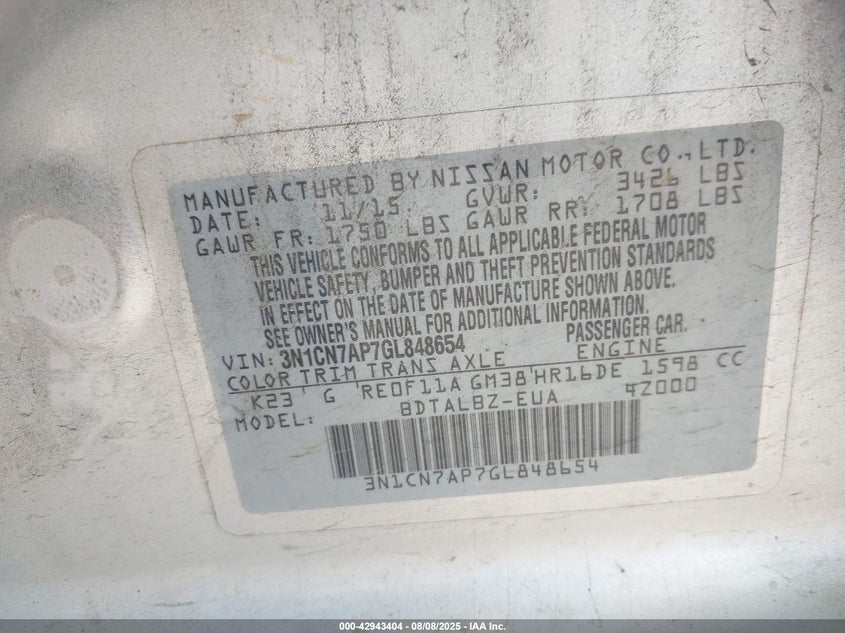 2016 NISSAN VERSA 1.6 SV - 3N1CN7AP7GL848654