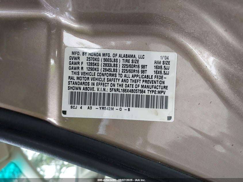 2004 Honda Odyssey Ex VIN: 5FNRL186X4B057584 Lot: 42943495