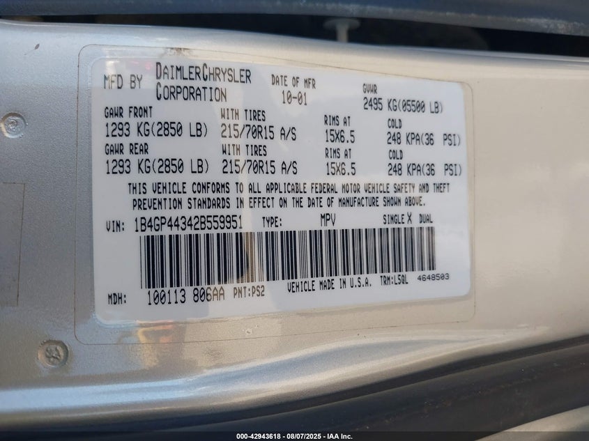 2002 Dodge Grand Caravan Sport VIN: 1B4GP44342B559951 Lot: 42943618
