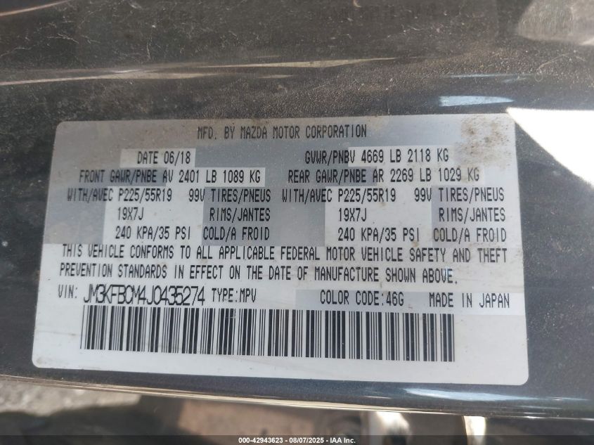 2018 Mazda Cx-5 Touring VIN: JM3KFBCM4J0435274 Lot: 42943623