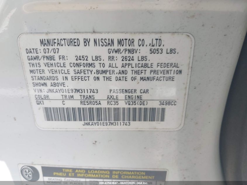 2007 Infiniti M35 VIN: JNKAY01E97M311743 Lot: 42943647