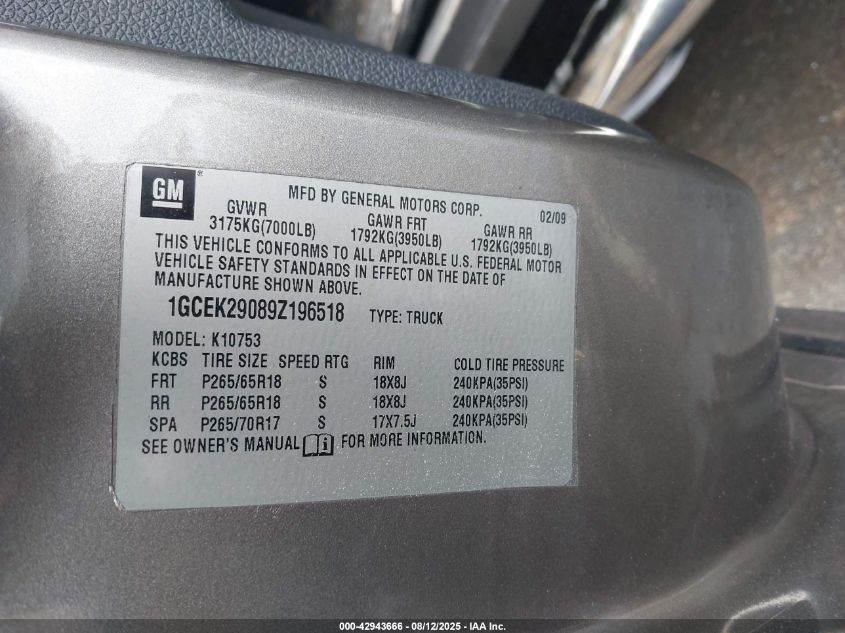 2009 Chevrolet Silverado 1500 Lt VIN: 1GCEK29089Z196518 Lot: 42943666