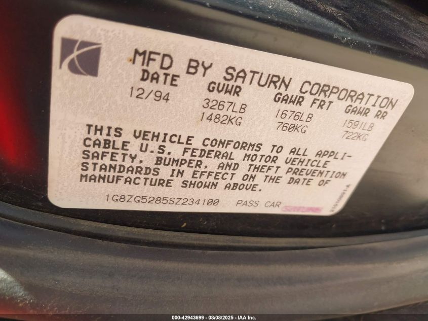 1995 Saturn Sl1 VIN: 1G8ZG5285SZ234100 Lot: 42943699
