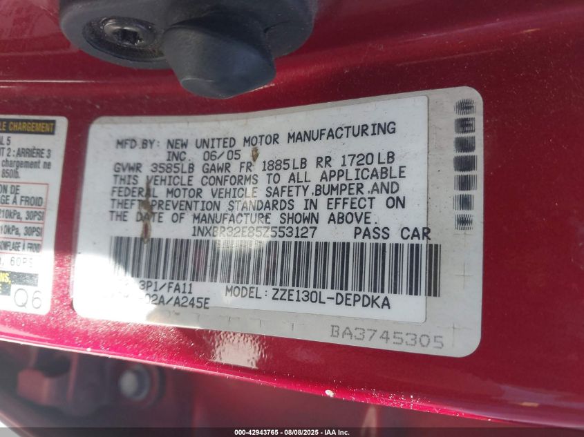 2005 Toyota Corolla Ce VIN: 1NXBR32E85Z553127 Lot: 42943765