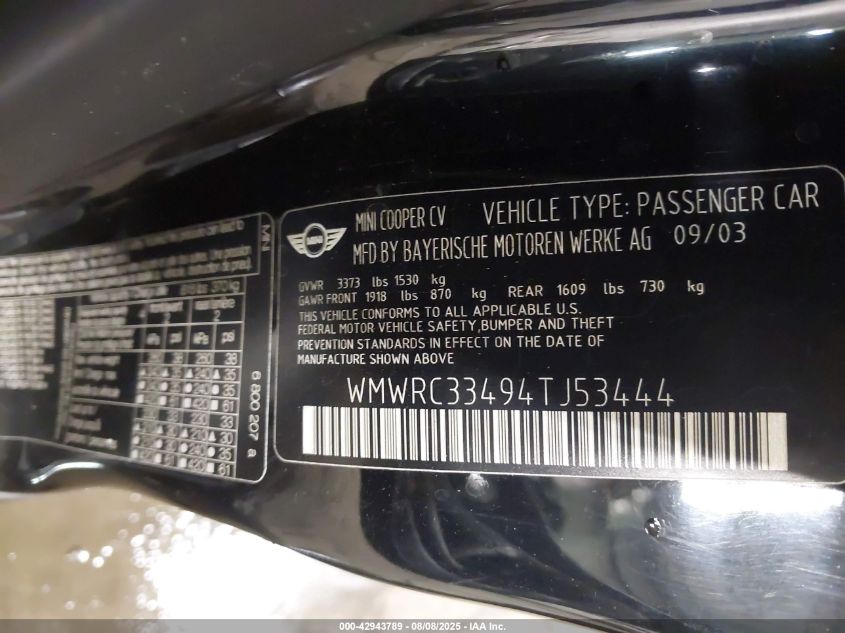 2004 Mini Cooper VIN: WMWRC33J94TJ53444 Lot: 42943789