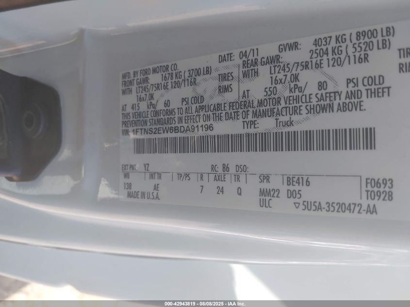 2011 Ford E-250 Commercial VIN: 1FTNS2EW6BDA91196 Lot: 42943819