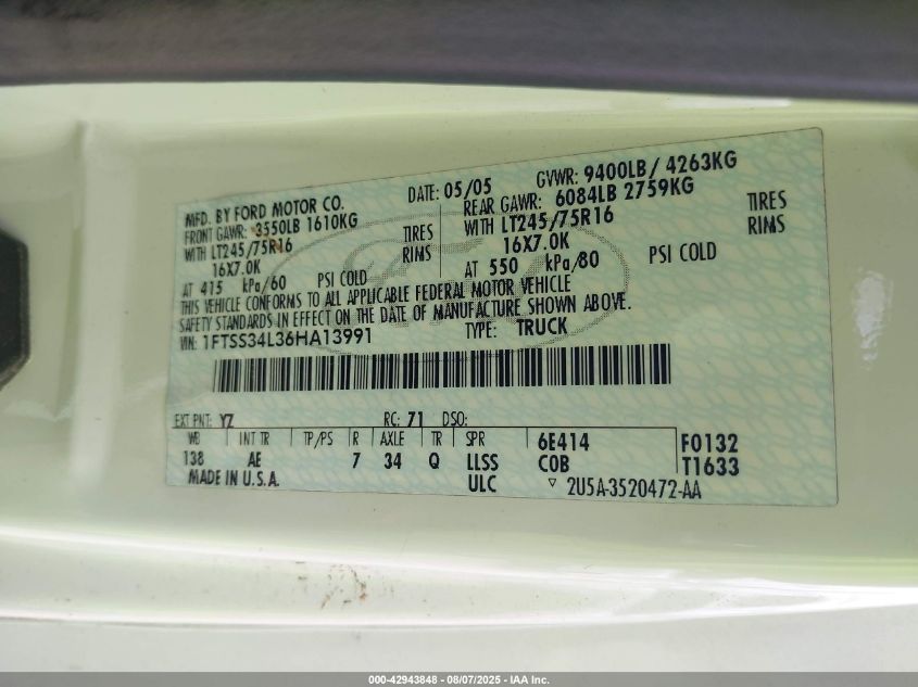 2006 Ford E-350 Super Duty Commercial/Recreational VIN: 1FTSS34L36HA13991 Lot: 42943848