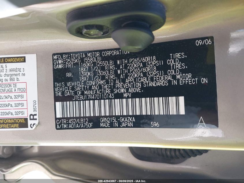 2007 Toyota 4Runner Limited V6 VIN: JTEBU17R470110143 Lot: 42943867