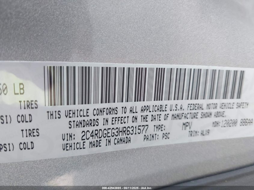 2017 Dodge Grand Caravan Gt VIN: 2C4RDGEG3HR631577 Lot: 42943885