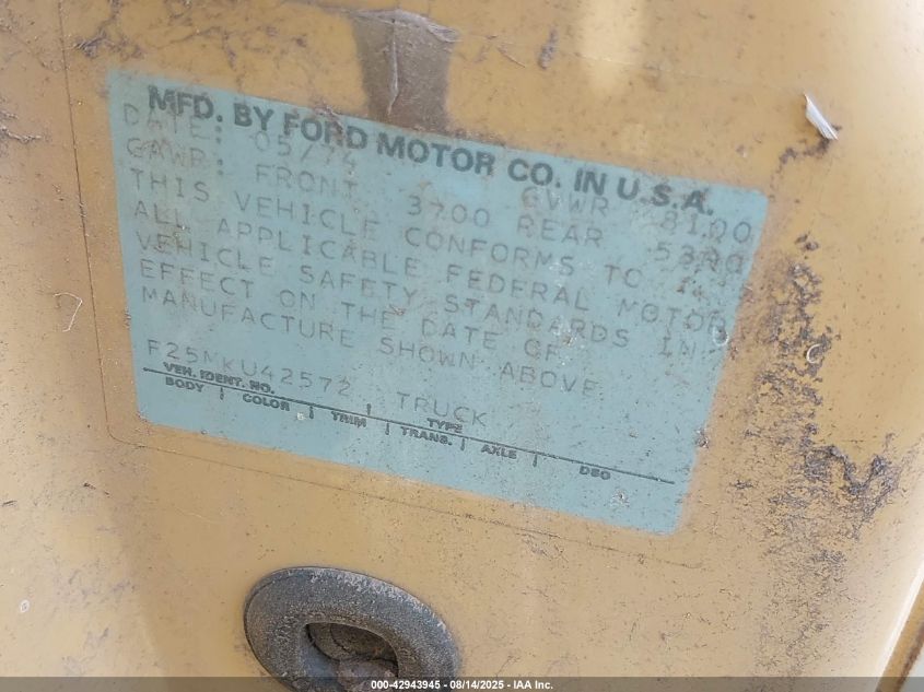 1975 Ford F250 VIN: F25MKU42572 Lot: 43384520