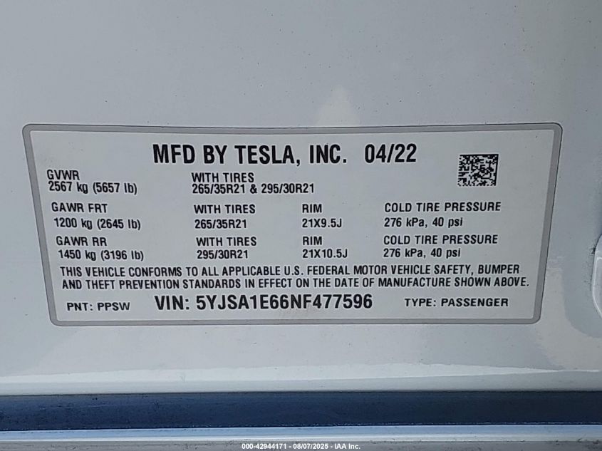 2022 Tesla Model S - 5YJSA1E66NF477596