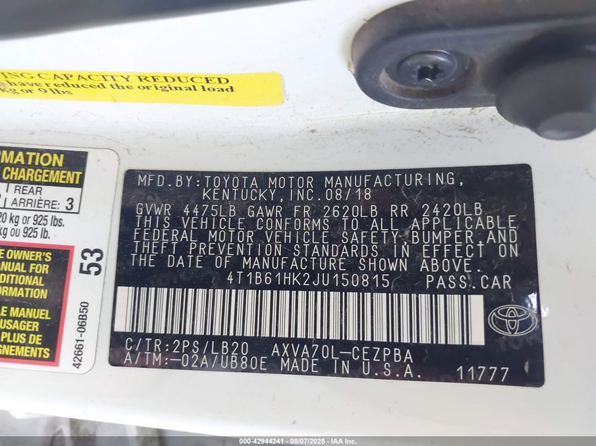 2018 Toyota Camry Xse VIN: 4T1B61HK2JU150815 Lot: 42944241