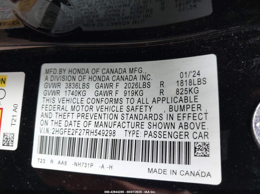 2024 HONDA CIVIC LX - 2HGFE2F27RH549298