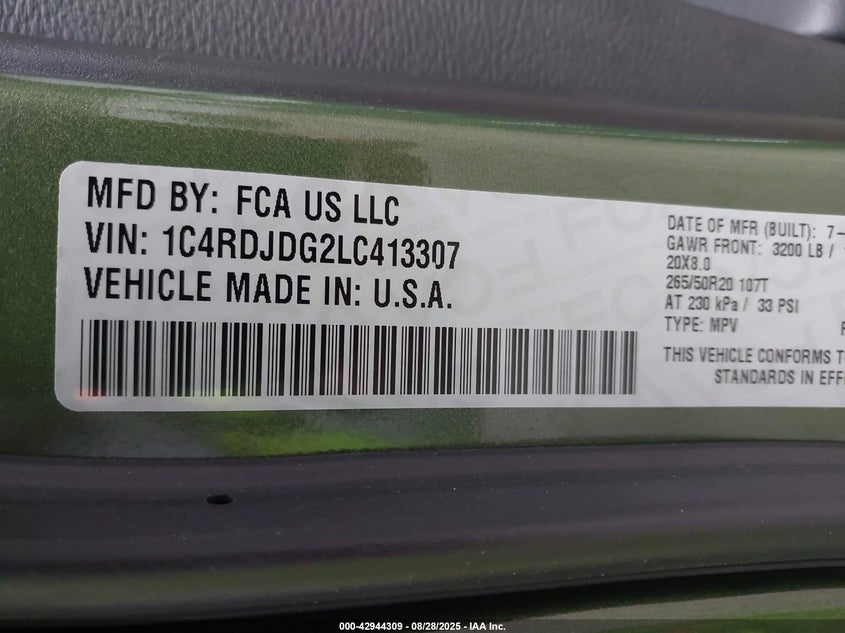 2020 Dodge Durango Gt Plus Awd VIN: 1C4RDJDG2LC413307 Lot: 42944309