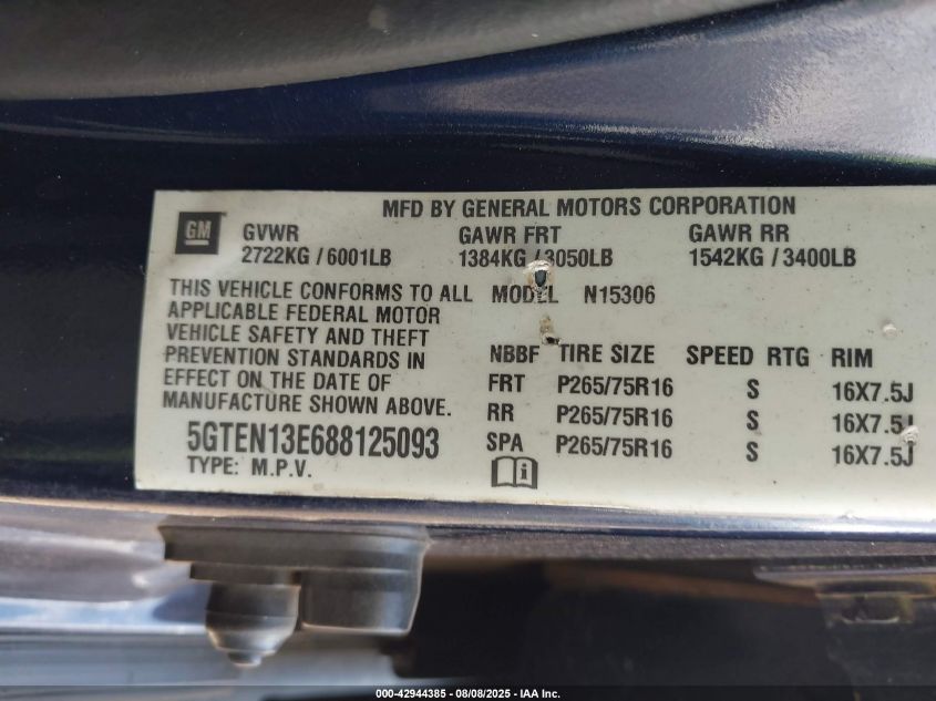 2008 Hummer H3 Suv VIN: 5GTEN13E688125093 Lot: 42944385