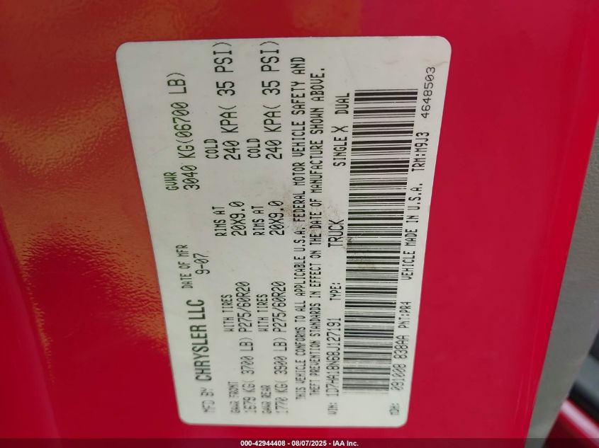 2008 Dodge Ram 1500 Slt VIN: 1D7HA18N68J127191 Lot: 42944408