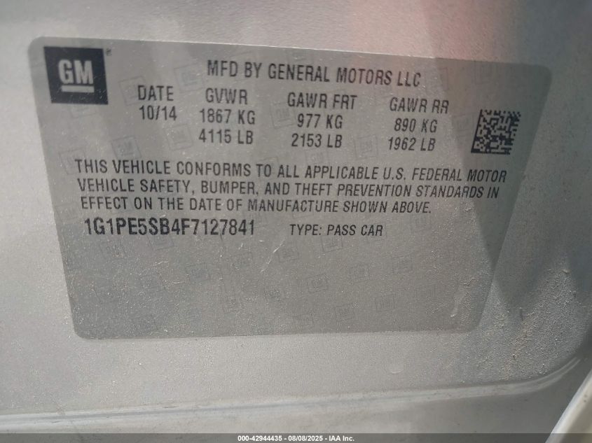 2015 Chevrolet Cruze 2Lt Auto VIN: 1G1PE5SB4F7127841 Lot: 42944435